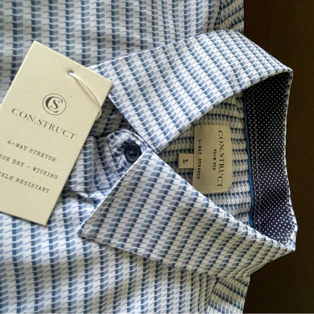 Con.Struct Men's Shirt’s Size L, L/S, slim fit. Blue with geometric print.